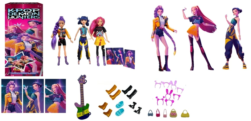 K-POP Demon Hunter Girl Group Animated Version 11.5 Inch 9-Joint Doll with Colorful Lights, Theme Song, Rumi Barbie with Gold Mink, 1 Card, Rock Guitar, Hair Clip, Handbag