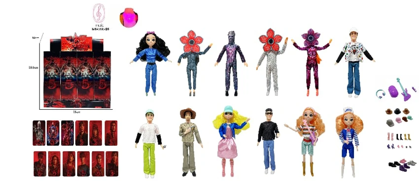 High-end real eyes 11.5-inch 11-joint realistic doll with colorful lights and music theme song, Stranger Things Season 5 live-action Barbie with a gold mink card, comes with Stranger Things themed kit, 12 styles, 12-piece mixed pack  