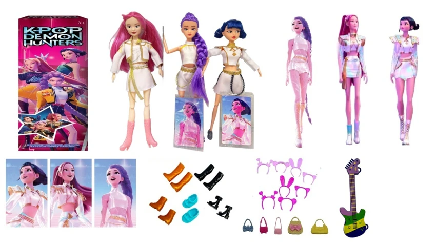 K-POP Witch Hunt Group Animated Version, 11.5 inches, 9 joints, solid body, colorful lights, theme song, Rumi Zoe, Milar, Singing, Barbie, with gold mink card, with rock guitar, hairpin, and handbag