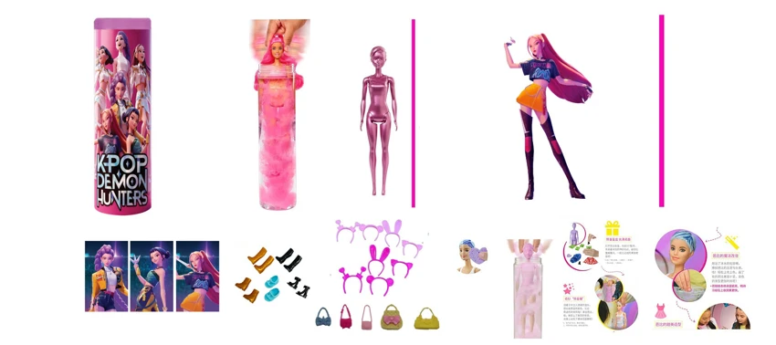 Water-soluble color-changing soaking series K-POP witch hunt group animated version 11.5 inch solid Rumi Rumi singing Barbie with gold mink card, a handbag with hair clips