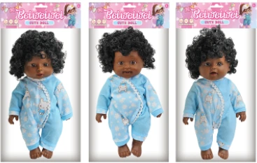 [Beiweiwei] 14-inch 30cm, 5 joints, vinyl body, 3D real eyes, bent legs, Black expressive fat baby doll in blue outfit + 4-tone IC (AG132), 3 styles assorted