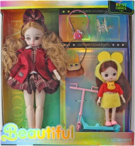 12-inch 30cm, 13 joints, solid body, 3D eyes, fashion exquisite red dress sister loli doll + 6-inch mini loli