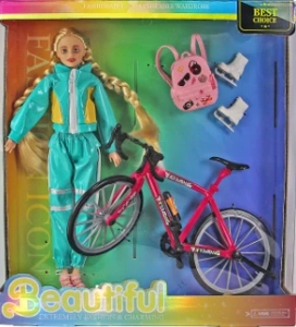 [Beiweiwei] 11-inch, 11 joints, solid body, printed eyes, fashion exquisite Barbie doll + bicycle + backpack + roller skates