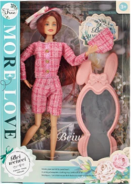 [Beiweiwei] 11-inch, 11 joints, solid body, printed eyes, fashion exquisite pink suit Barbie doll with hat + bag + mirror