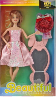 [Beiweiwei] 11-inch, 11 joints, solid body, printed eyes, fashion exquisite pink spaghetti strap dress Barbie doll + rabbit mirror + hat