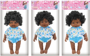 [Beiweiwei] 14-inch 30cm, 5 joints, vinyl body, 3D real eyes, bent legs, Black expressive fat baby doll in blue outfit + 4-tone IC (AG132), 3 styles assorted