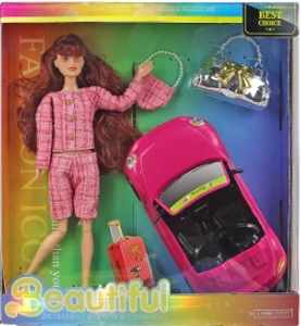 [Beiweiwei] 11-inch, 11 joints, solid body, printed eyes, fashion exquisite blue suit Barbie doll + car + bag