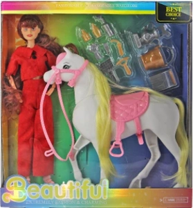 [Beiweiwei] 11-inch, 11 joints, solid body, printed eyes, fashion exquisite red suit Barbie doll + white horse + blister accessories