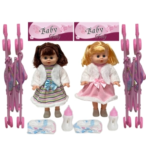 14 Inch Empty Body Straight Leg Drink & Pee Girl Doll with Stroller, Feeding Bottle + Diaper