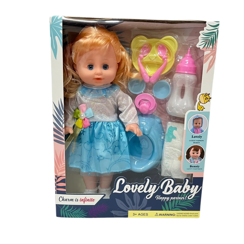 14 Inch Empty Body Straight Leg Drink & Pee Girl Doll with 9 Pieces of Pretend Play Accessories