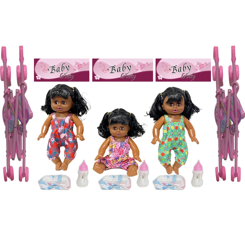 14 Inch Black Empty Body Bendable Leg Drink & Pee Doll with Stroller + Feeding Bottle + Diaper