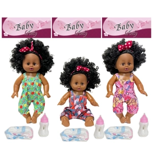 14 Inch Black Empty Body Bendable Leg Drink & Pee Doll with Feeding Bottle + Diaper