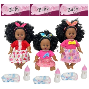 14 Inch Black Empty Body Bendable Leg Drink & Pee Doll with Feeding Bottle + Diaper