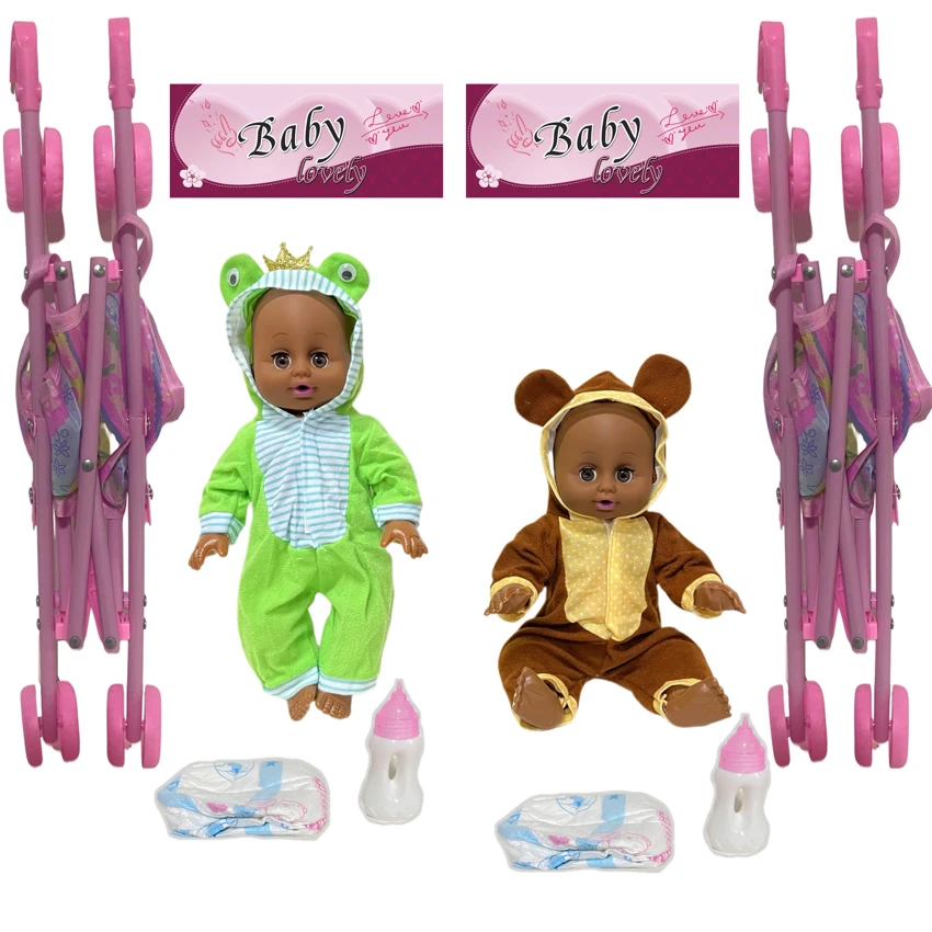 14 Inch Black Empty Body Bendable Leg Drink & Pee Doll with Stroller + Feeding Bottle + Diaper