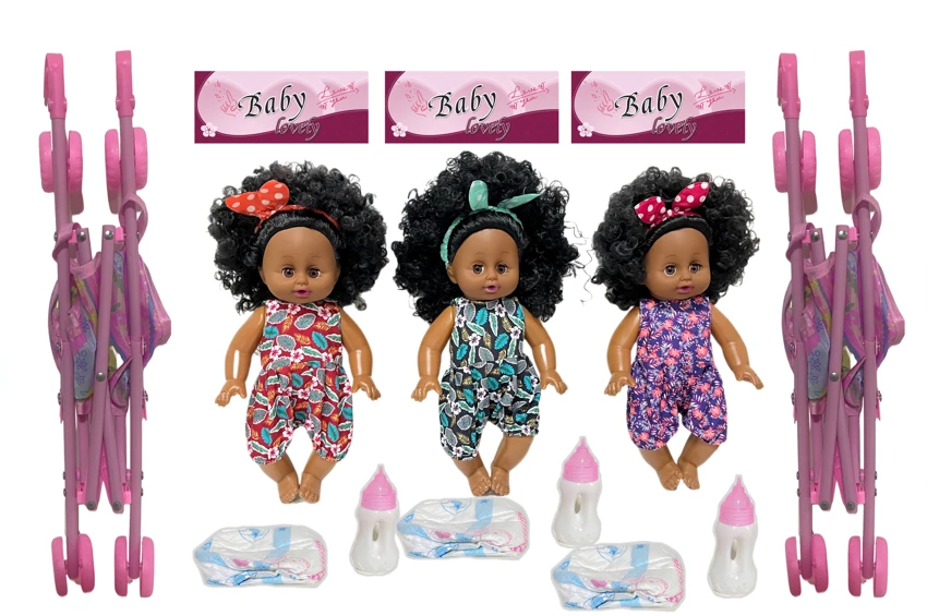 14 Inch Black Empty Body Bendable Leg Drink & Pee Doll with Stroller + Feeding Bottle + Diaper