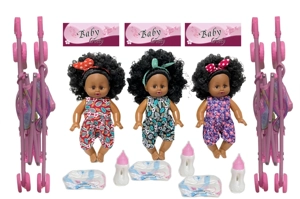 14 Inch Black Empty Body Bendable Leg Drink & Pee Doll with Stroller + Feeding Bottle + Diaper