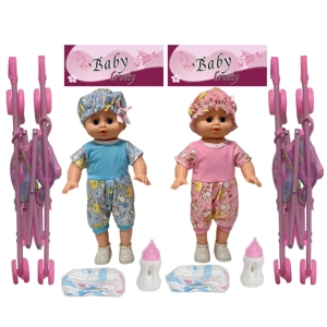 14 Inch Empty Body Straight Leg Drink & Pee Girl Doll with Stroller, Feeding Bottle + Diaper