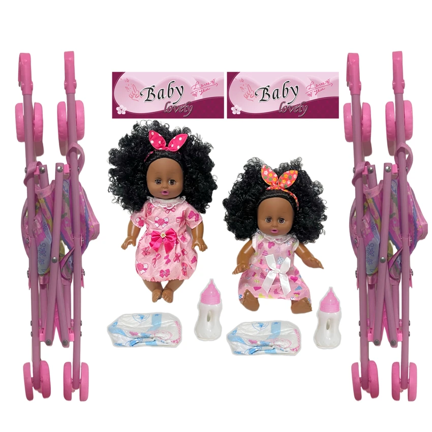 14 Inch Black Empty Body Bendable Leg Drink & Pee Doll with Stroller + Feeding Bottle + Diaper