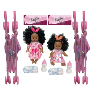 14 Inch Black Empty Body Bendable Leg Drink & Pee Doll with Stroller + Feeding Bottle + Diaper