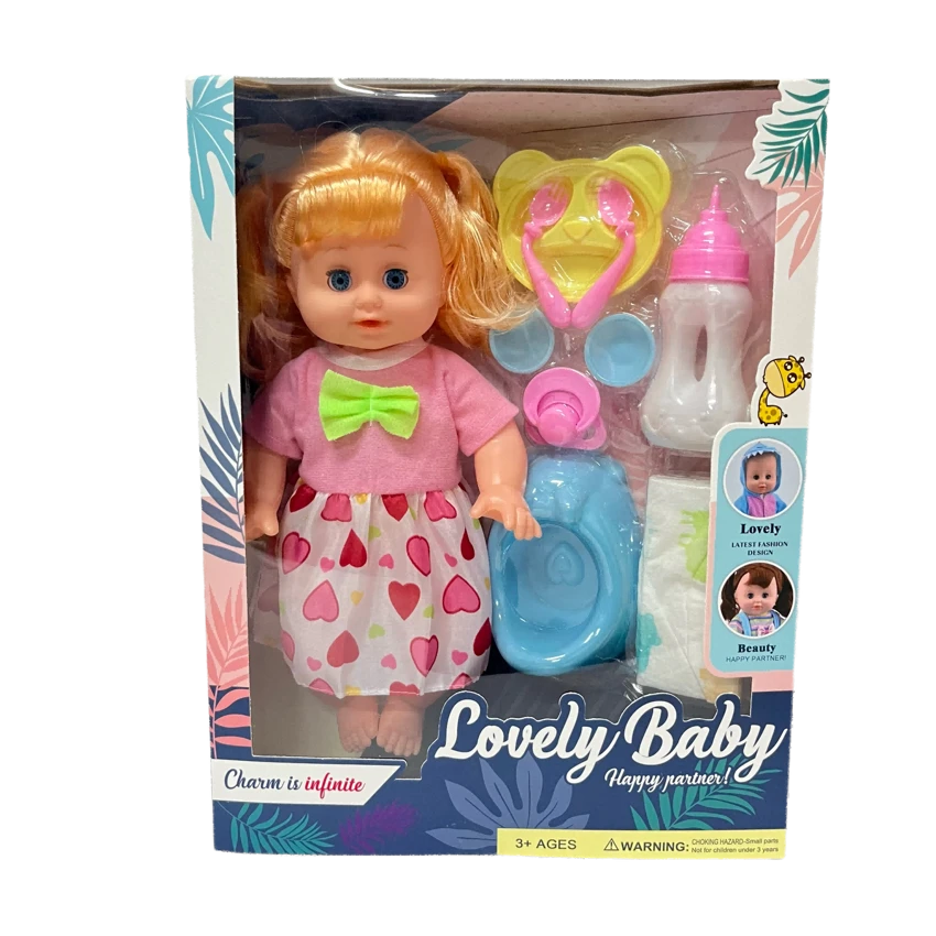 14 Inch Empty Body Bendable Leg Drink & Pee Girl Doll with 9 Pieces of Pretend Play Accessories