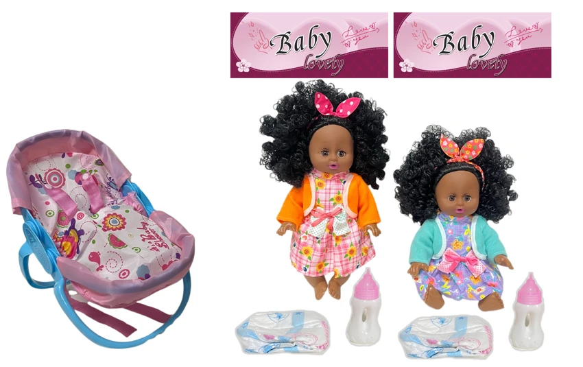 14 Inch Black Empty Body Bendable Leg Drink & Pee Doll with Multi-Function Crib + Diaper + Feeding Bottle