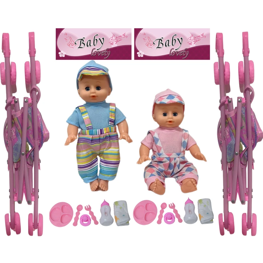 14 Inch Empty Body Bendable Leg Drink & Pee Boy Doll with Stroller + Various Accessories