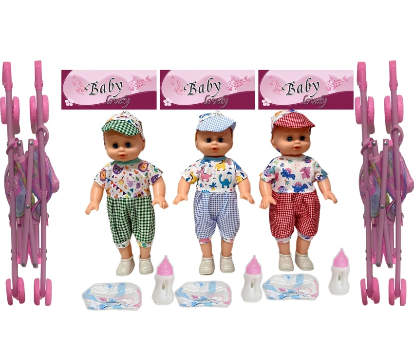 14 Inch Empty Body Straight Leg Drink & Pee Girl Doll with Stroller, Feeding Bottle + Diaper