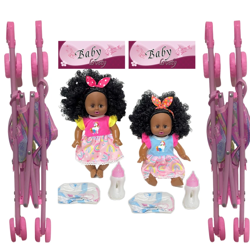14 Inch Black Empty Body Bendable Leg Drink & Pee Doll with Stroller + Feeding Bottle + Diaper