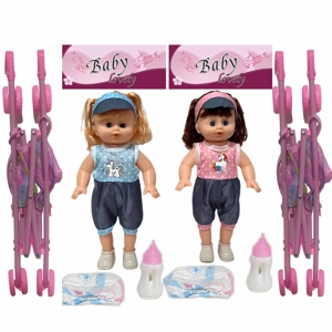 14 Inch Empty Body Straight Leg Drink & Pee Girl Doll with Stroller, Feeding Bottle + Diaper