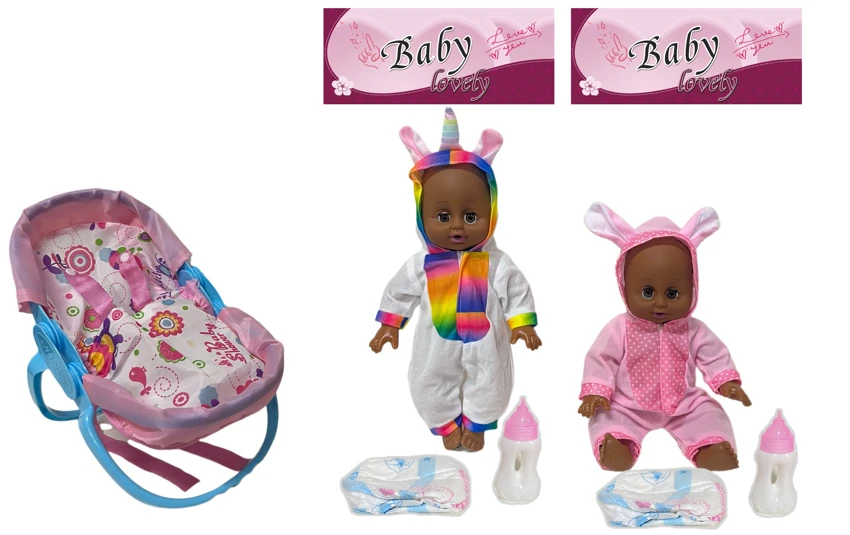 14 Inch Black Empty Body Bendable Leg Drink & Pee Doll with Multi-Function Crib + Diaper + Feeding Bottle