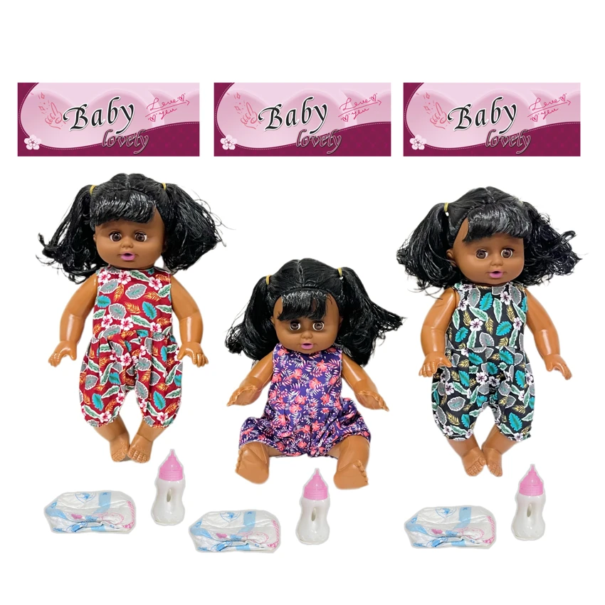 14 Inch Black Empty Body Bendable Leg Drink & Pee Doll with Feeding Bottle + Diaper