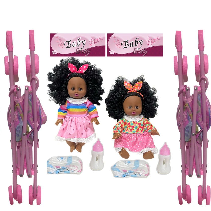 14 Inch Black Empty Body Bendable Leg Drink & Pee Doll with Stroller + Feeding Bottle + Diaper