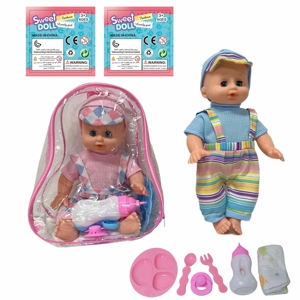 14 Inch Empty Body Bendable Leg Drink & Pee Boy Doll with Backpack Bag + Various Accessories