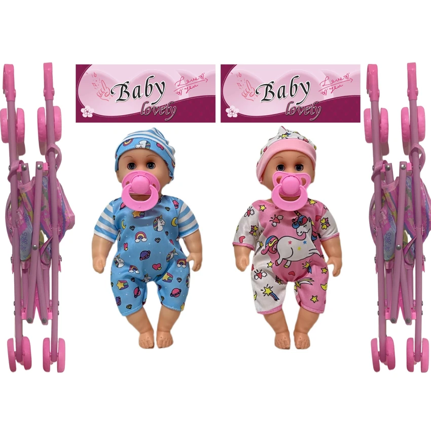 12 Inch High Quality Empty Body Bendable Leg Pacifier Boy Doll with 45cm Stroller