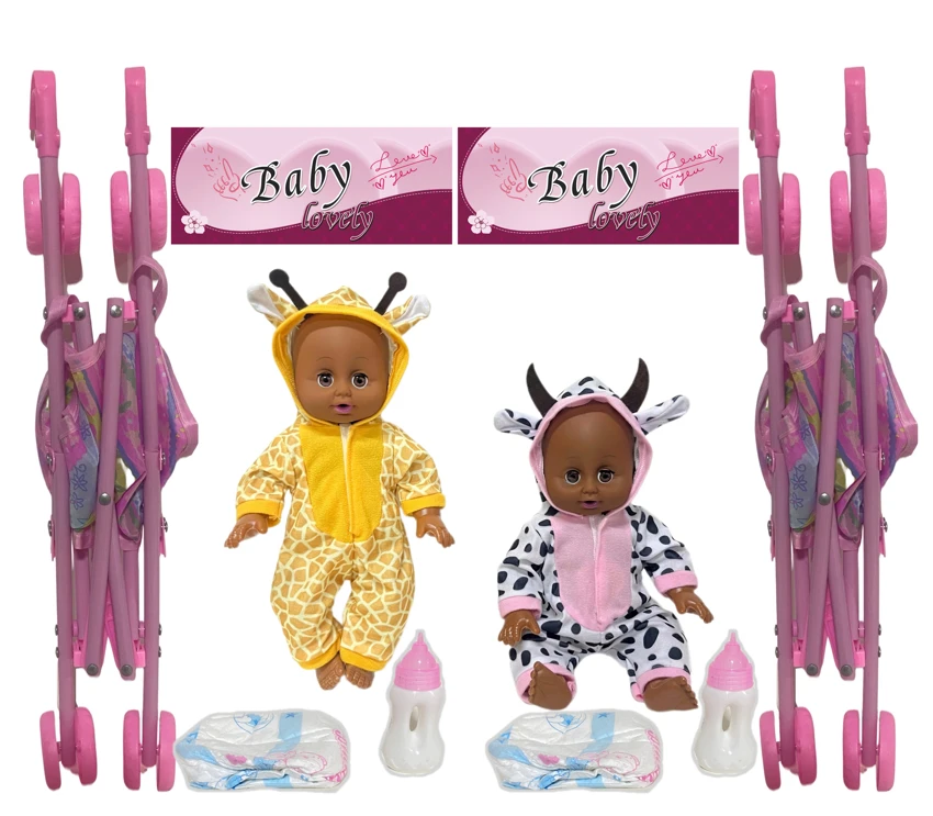 14 Inch Black Empty Body Bendable Leg Drink & Pee Doll with Stroller + Feeding Bottle + Diaper