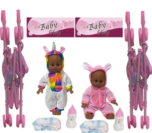 14 Inch Black Empty Body Bendable Leg Drink & Pee Doll with Stroller + Feeding Bottle + Diaper