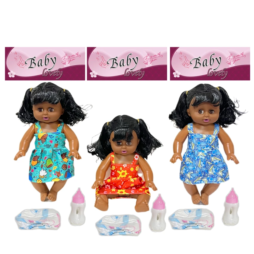 14 Inch Black Empty Body Bendable Leg Drink & Pee Doll with Feeding Bottle + Diaper