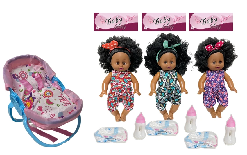 14 Inch Black Empty Body Bendable Leg Drink & Pee Doll with Multi-Function Crib + Diaper + Feeding Bottle