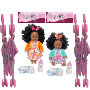 14 Inch Black Empty Body Bendable Leg Drink & Pee Doll with Stroller + Feeding Bottle + Diaper