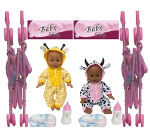 14 Inch Black Empty Body Bendable Leg Drink & Pee Doll with Stroller + Feeding Bottle + Diaper