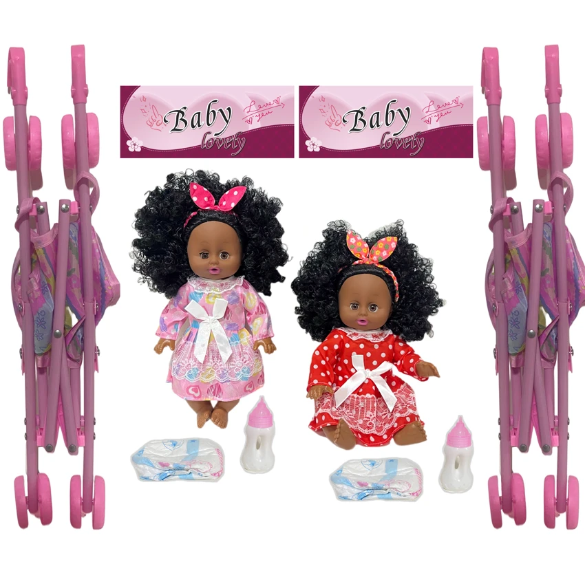 14 Inch Black Empty Body Bendable Leg Drink & Pee Doll with Stroller + Feeding Bottle + Diaper