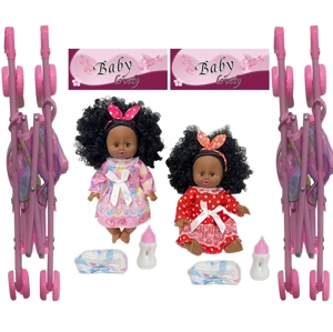 14 Inch Black Empty Body Bendable Leg Drink & Pee Doll with Stroller + Feeding Bottle + Diaper