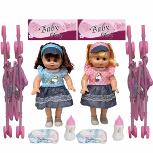 14 Inch Empty Body Straight Leg Drink & Pee Girl Doll with Stroller, Feeding Bottle + Diaper