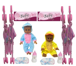14 Inch Black Empty Body Bendable Leg Drink & Pee Doll with Stroller + Feeding Bottle + Diaper
