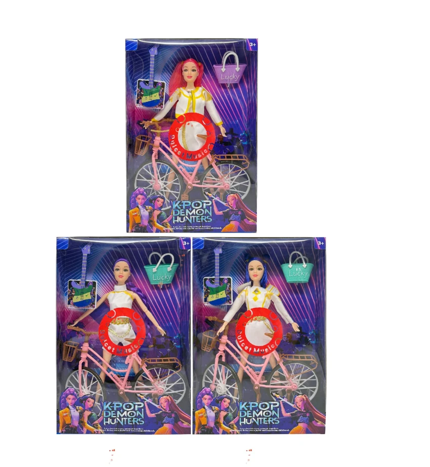 Generation 2 K-POP Demon Hunter with light and music 11.5 inch 12-joint solid Demon Hunter girl group with bicycle, guitar and handbag