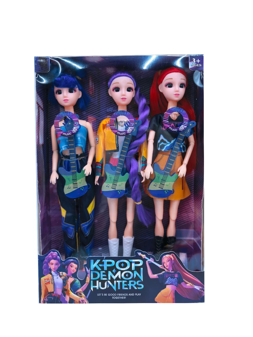 K-POP pelangi setan berburu seri dengan warna-warni cahaya musik 12 inci 12 sendi padat kaca mata nyata boneka setan berburu kelompok 3 orang campuran, satu kartu emas mink