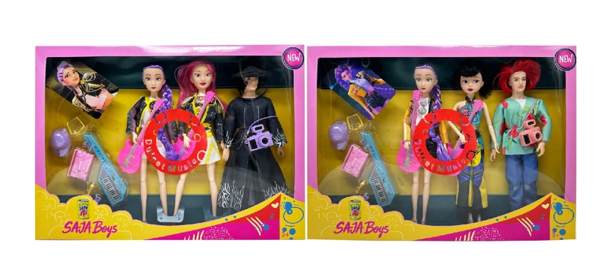11.5 inch 12-joint solid Demon Hunter girl group with light and music, 3-person boy group assorted with guitar, camera, music set and card
