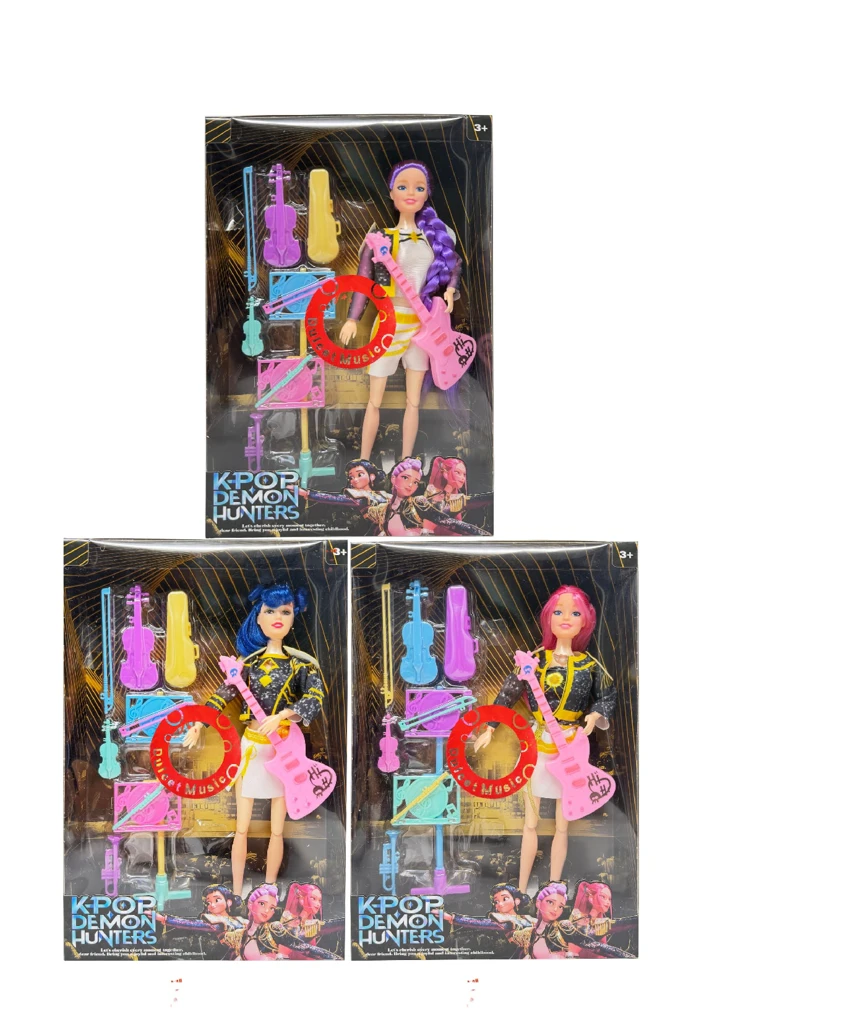 Generasi ke-3 K-POP Pemburu Iblis dengan muzik cahaya 11.5 inci 12 sendi kumpulan pemburu iblis wanita, dengan gitar, dengan set peralatan muzik