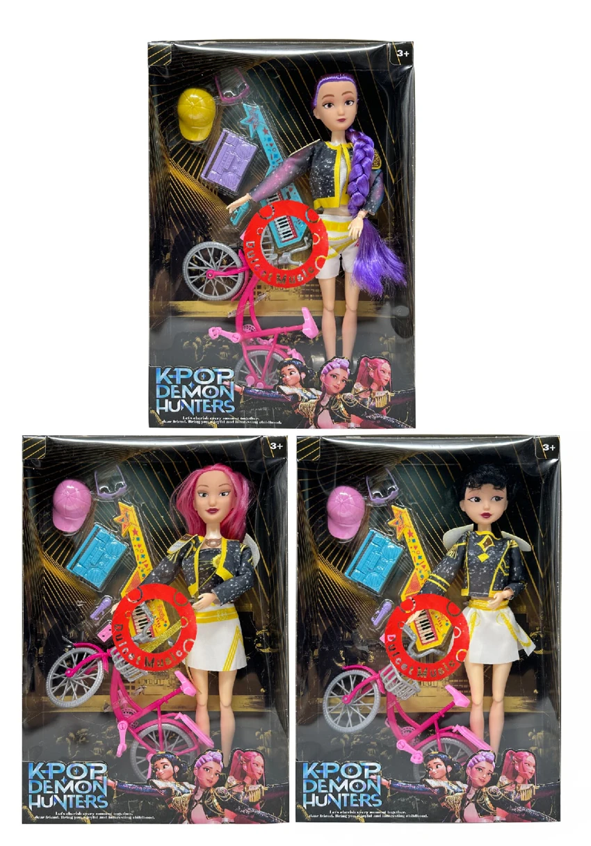 Edisi Mattel generasi ketiga K-POP berburu setan dengan cahaya musik 11,5 inci 12 sendi solid setan berburu, dengan sepeda mini dengan set gitar