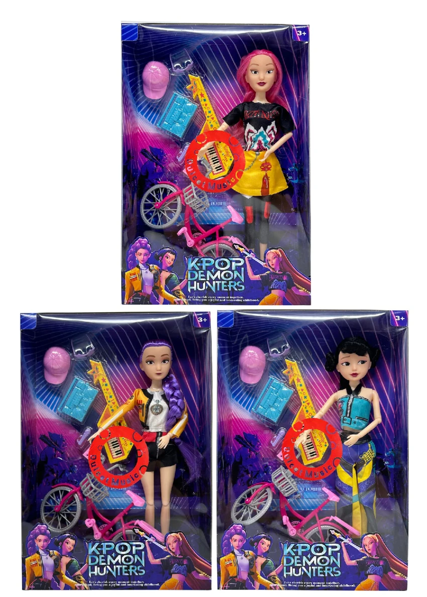 Generation 1 K-POP Demon Hunter with light and music 11.5 inch 12-joint solid Demon Hunter girl group with mini bicycle and guitar set